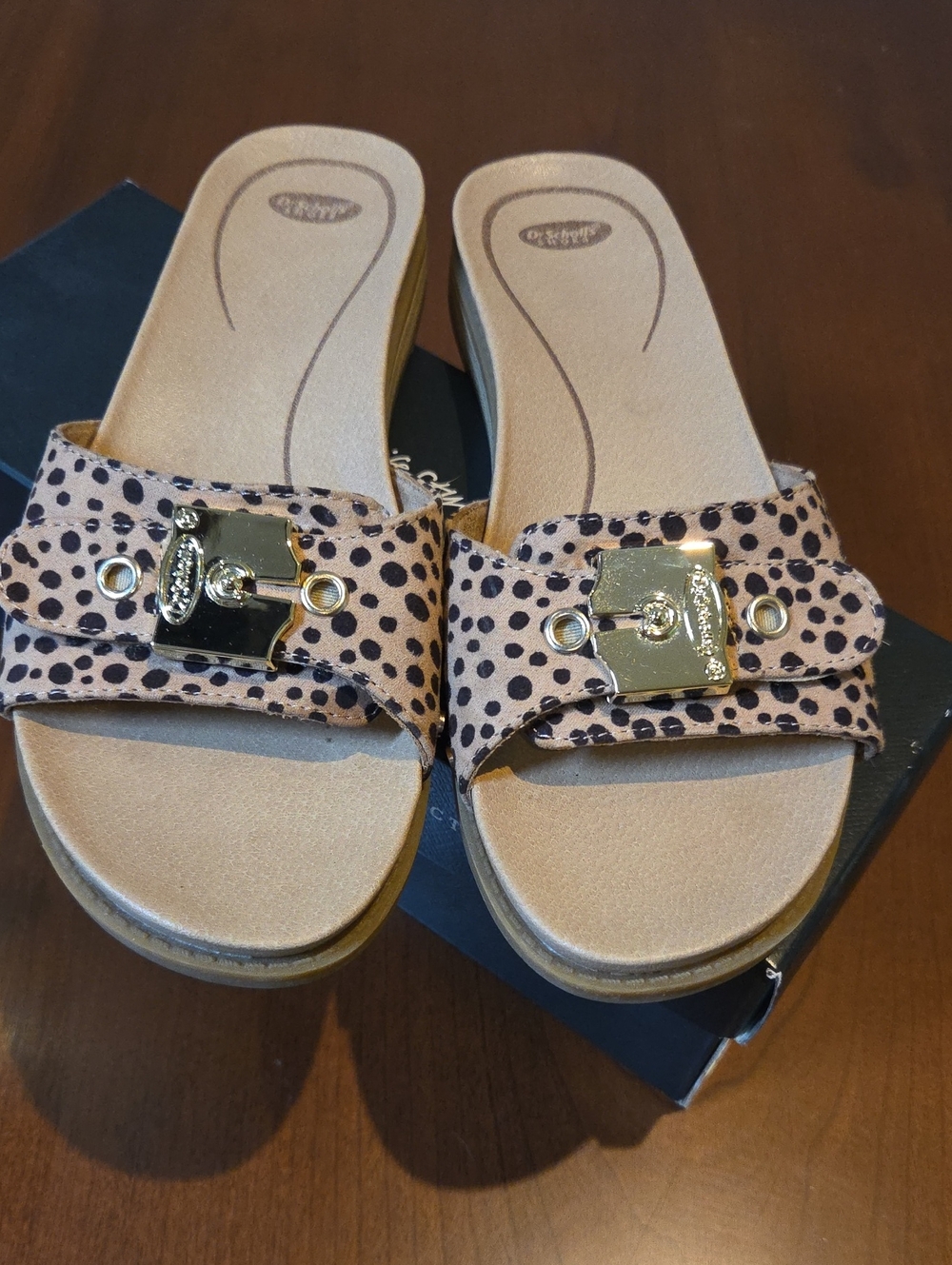Dr. Scholl's Leopard-Print Tan Slide Sandals with Gold Buckle
